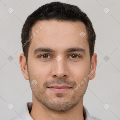 Neutral white young-adult male with short  brown hair and brown eyes