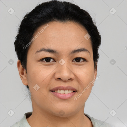 Joyful asian young-adult female with short  brown hair and brown eyes