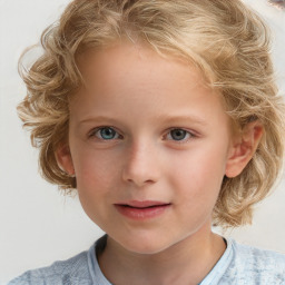 Joyful white child female with medium  brown hair and blue eyes