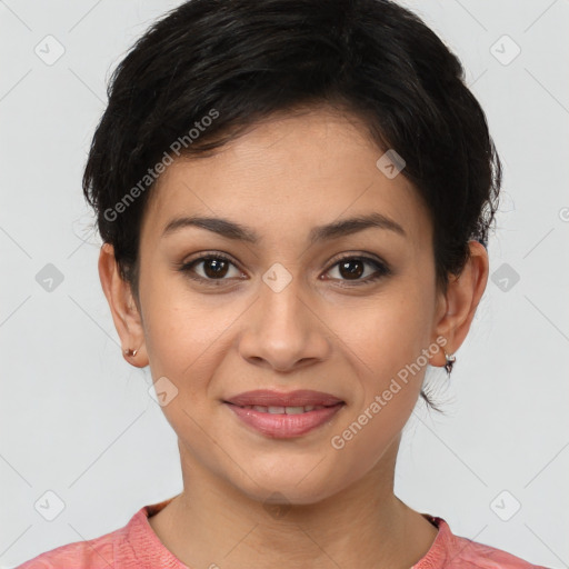 Joyful latino young-adult female with short  brown hair and brown eyes