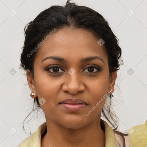 Joyful black young-adult female with medium  brown hair and brown eyes