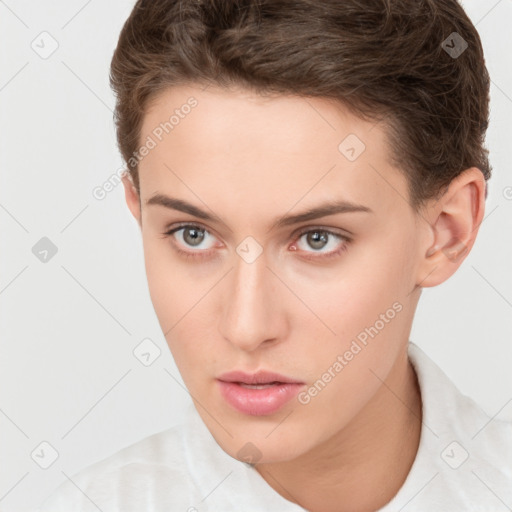 Neutral white young-adult female with short  brown hair and brown eyes