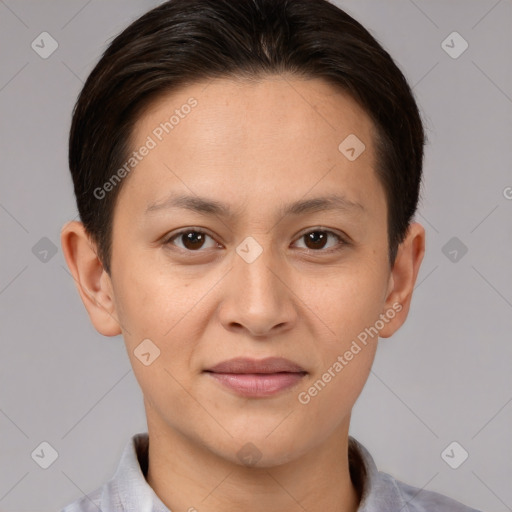 Joyful white young-adult female with short  brown hair and brown eyes