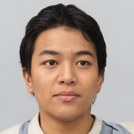 Neutral asian young-adult male with short  brown hair and brown eyes