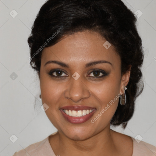 Joyful black young-adult female with medium  brown hair and brown eyes