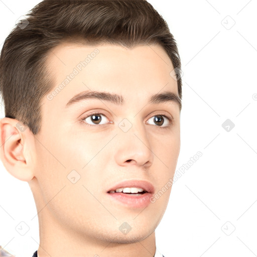 Neutral white young-adult male with short  brown hair and brown eyes