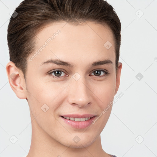 Joyful white young-adult female with short  brown hair and brown eyes