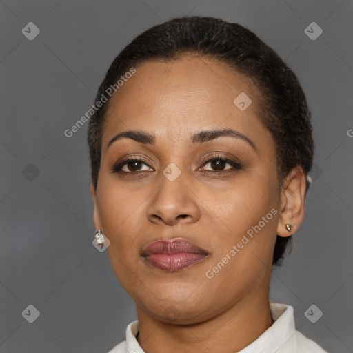 Joyful latino adult female with short  brown hair and brown eyes