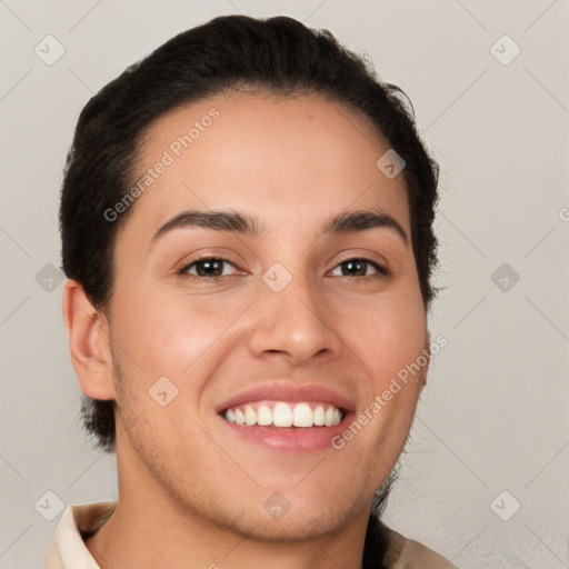 Joyful white young-adult female with short  brown hair and brown eyes