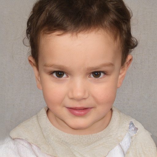 Joyful white child female with short  brown hair and brown eyes