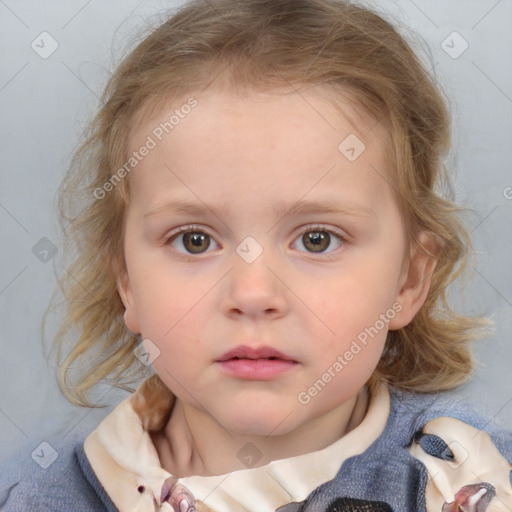 Neutral white child female with medium  brown hair and blue eyes