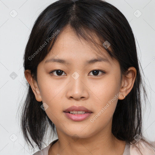 Neutral asian young-adult female with medium  brown hair and brown eyes