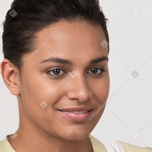 Joyful white young-adult female with short  brown hair and brown eyes