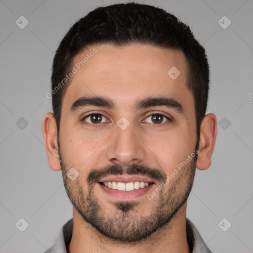 Joyful white young-adult male with short  brown hair and brown eyes