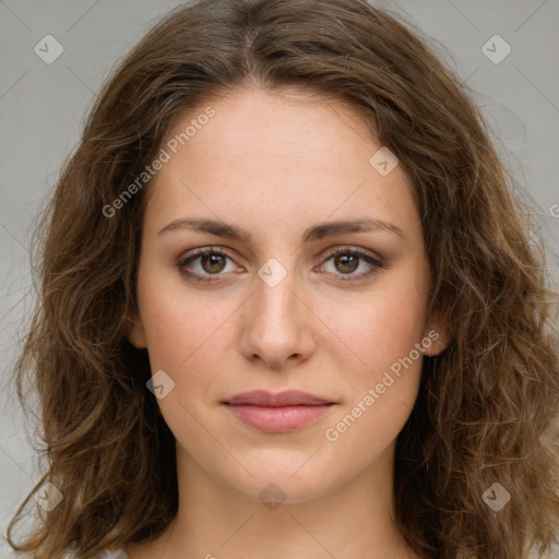 Joyful white young-adult female with long  brown hair and green eyes