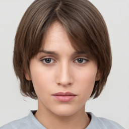 Neutral white young-adult female with medium  brown hair and grey eyes