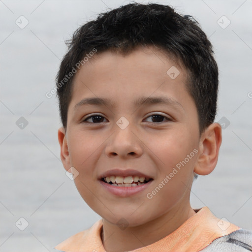 Joyful white child male with short  brown hair and brown eyes