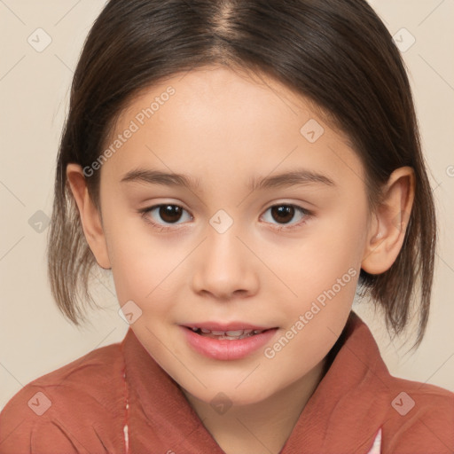 Joyful white child female with medium  brown hair and brown eyes