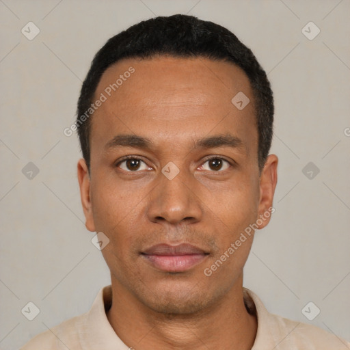 Neutral latino young-adult male with short  black hair and brown eyes