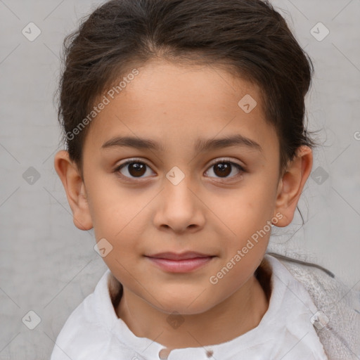 Joyful white child female with short  brown hair and brown eyes