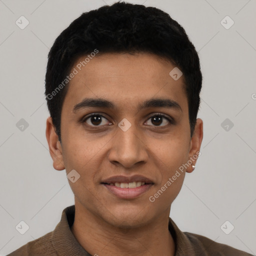 Joyful latino young-adult male with short  black hair and brown eyes