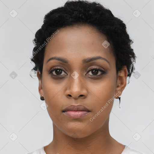 Neutral black young-adult female with short  black hair and brown eyes