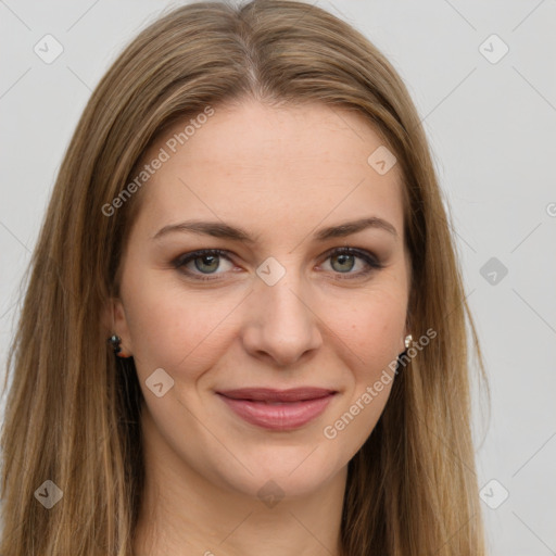 Joyful white young-adult female with long  brown hair and green eyes