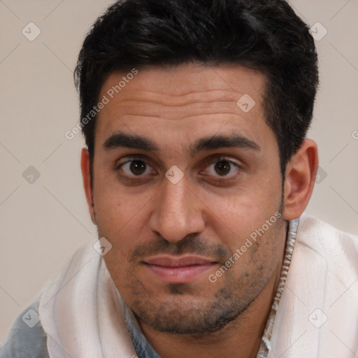 Joyful white young-adult male with short  brown hair and brown eyes