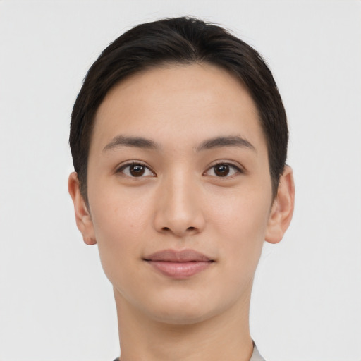 Neutral asian young-adult female with short  brown hair and brown eyes