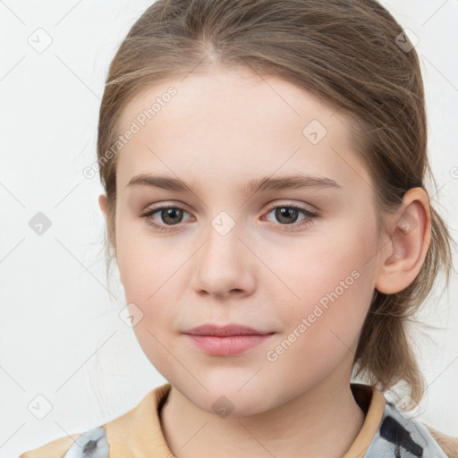 Neutral white young-adult female with medium  brown hair and grey eyes