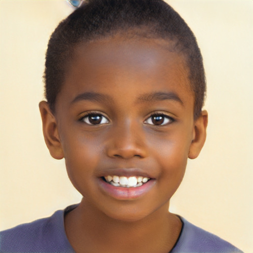 Joyful black child male with short  brown hair and brown eyes