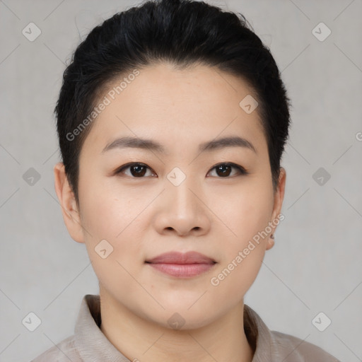 Joyful asian young-adult female with short  black hair and brown eyes