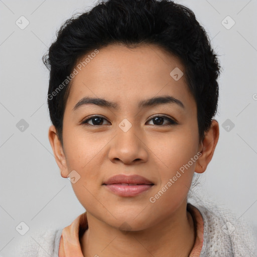 Joyful asian young-adult female with short  black hair and brown eyes