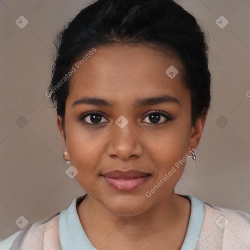 Joyful latino young-adult female with short  brown hair and brown eyes