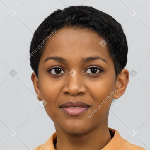 Joyful black young-adult female with short  black hair and brown eyes