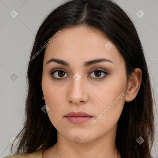 Neutral white young-adult female with long  brown hair and brown eyes