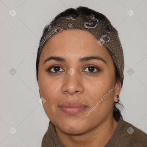 Joyful latino young-adult female with short  black hair and brown eyes