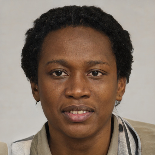 Joyful black young-adult female with short  black hair and brown eyes