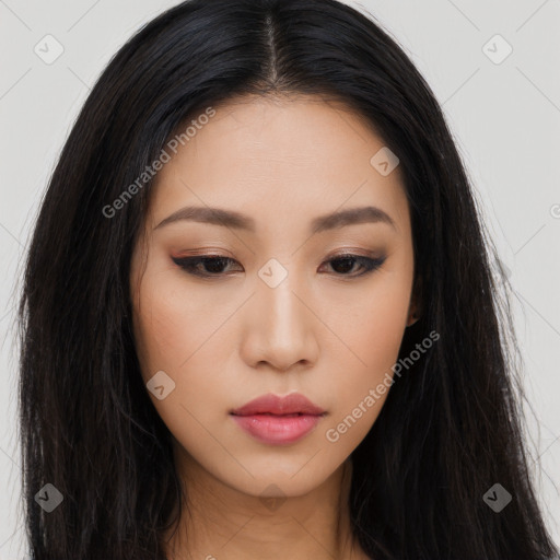 Neutral asian young-adult female with long  black hair and brown eyes