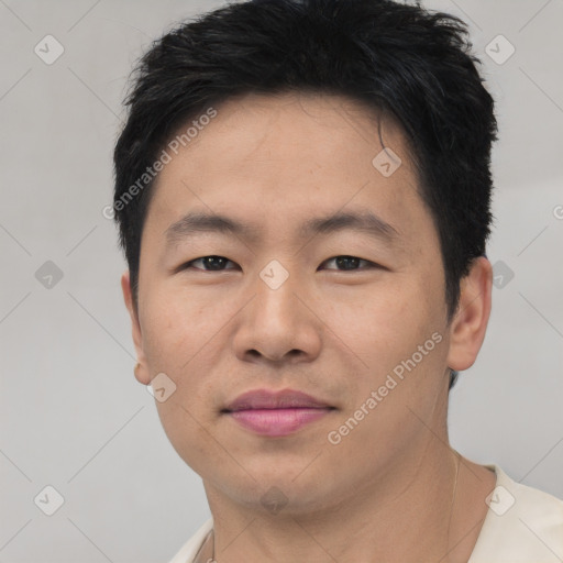 Neutral asian young-adult male with short  black hair and brown eyes