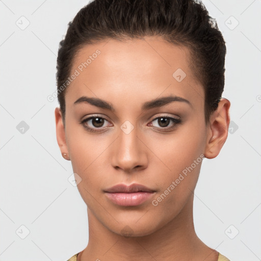 Neutral white young-adult female with short  brown hair and brown eyes