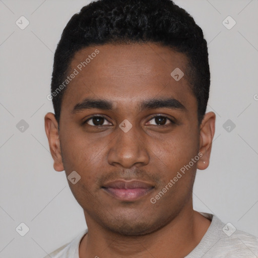 Neutral black young-adult male with short  black hair and brown eyes