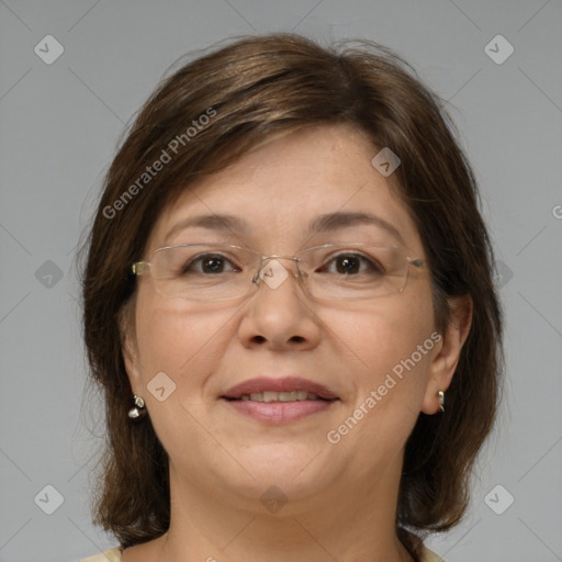 Joyful white adult female with medium  brown hair and brown eyes