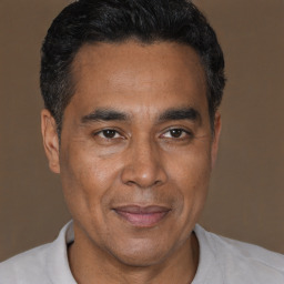 Joyful latino adult male with short  black hair and brown eyes