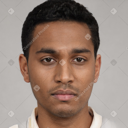 Neutral black young-adult male with short  black hair and brown eyes