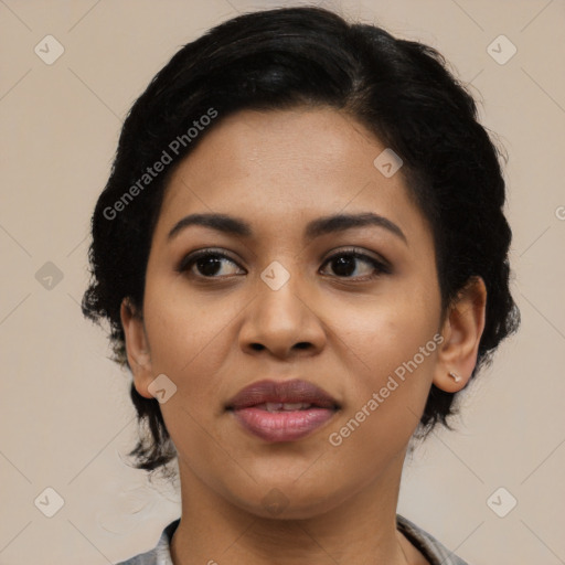 Joyful latino young-adult female with medium  black hair and brown eyes