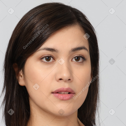 Neutral asian young-adult female with long  brown hair and brown eyes