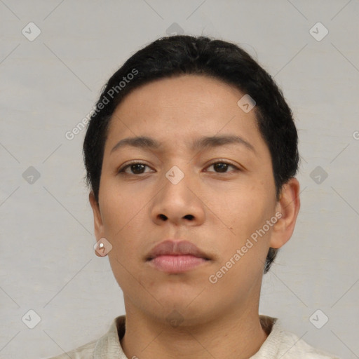 Neutral asian young-adult male with short  black hair and brown eyes