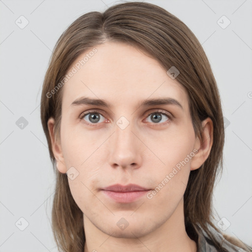 Neutral white young-adult female with medium  brown hair and grey eyes