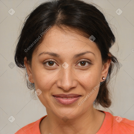 Joyful white adult female with medium  brown hair and brown eyes